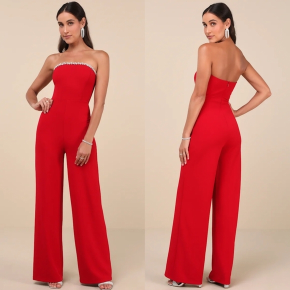 Lulus Pants - Lulus Lavish Muse Red Rhinestone Strapless Jumpsuit S Wedding Party Prom Evening